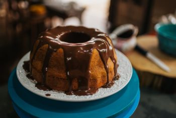 Chocolate drizzled over an appetizing bundt cake